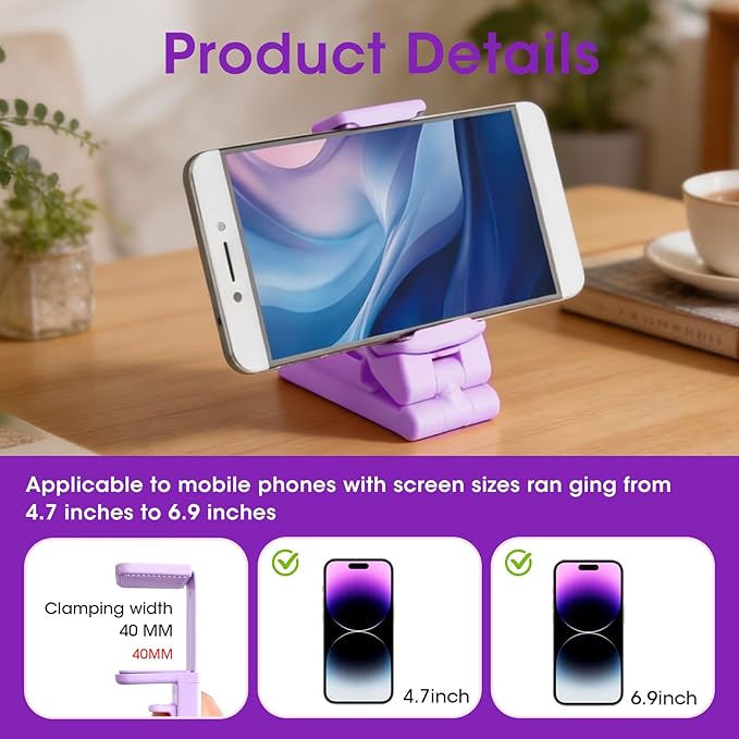 Airplane Phone Holder, Foldable Phone Holder for Airplane Seat Back Luggage Pole Desk 360° Rotation for Multi-Directional Viewing, Travel Essentials Holds Cell Phones (Purple 1pcs)