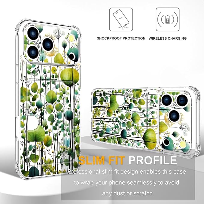 Compatible with iPhone 17 Pro Case Card Holder for Women Cute Design,Wallet Phone Cases Transparent Cool Kawaii Protective (Clear Green Flower Leaves Buds)