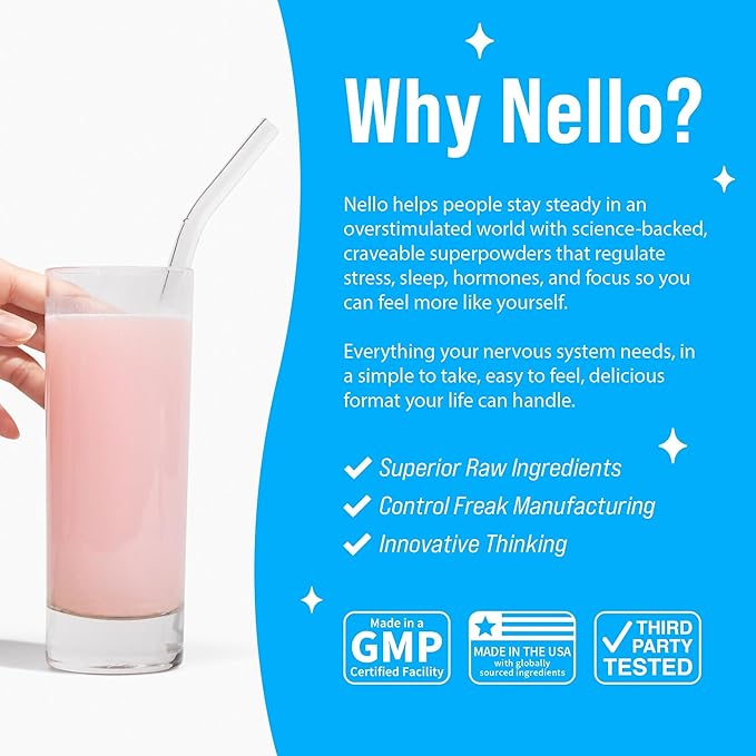 Nello Supercalm Powdered Drink Mix, Cortisol Reducer*, Sleep Aid Supplement, L Theanine, Ksm-66 Ashwagandha, Magnesium Glycinate, Vitamin D 3, No Sugar, Non GMO, 20 Ct, Strawberries & Cream