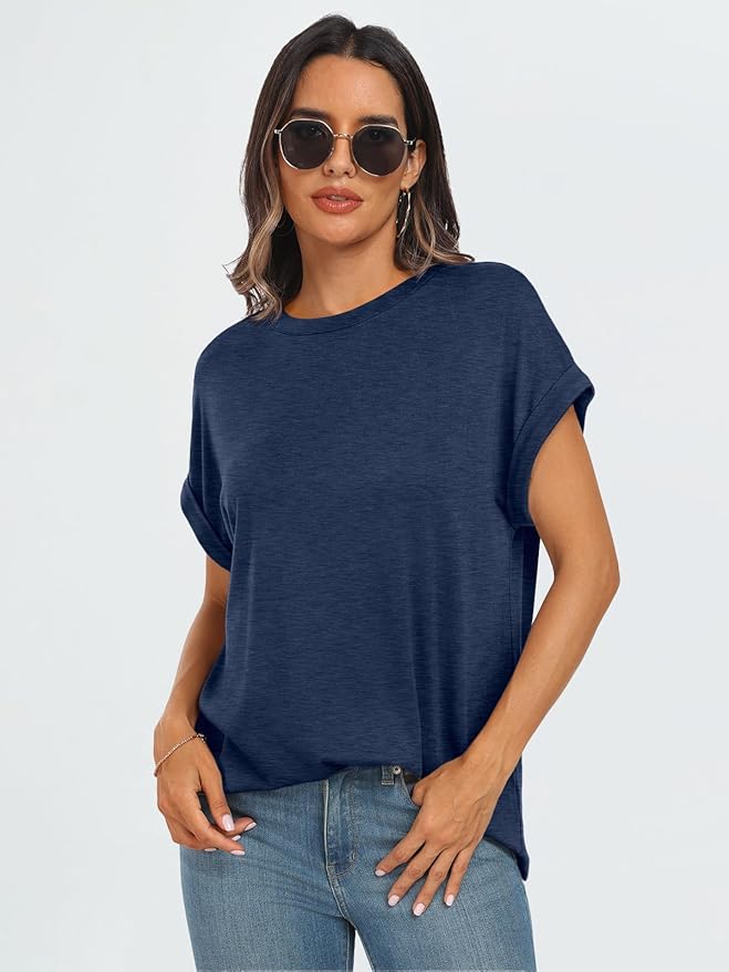 AUTOMET Women's Oversized Short Sleeve T Shirts Casual Drop Shoulder Rolled Cuff Summer Tops for Work, Travel and Lounge