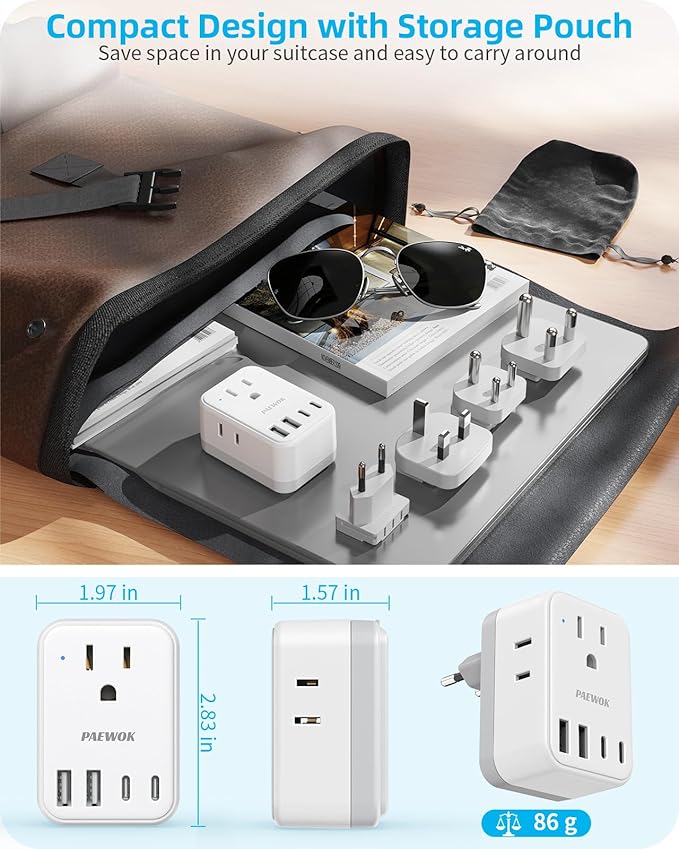 Travel Adapter Set, European Travel Plug Adapter 4 AC Outlets 4 USB Ports (2 USB C), US to UK/EU/South Africa/India, Universal Travel Adapter Kit Include Type G/C/M/D Detachable Plug
