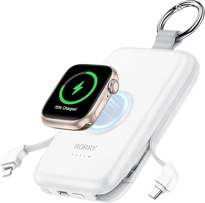 RORRY Portable Charger, 10000mAh PD 20W Fast Charging Portable Charger Power Bank with Built in Cables, Travel Battery Pack for iPhone and Apple Watch Ultra/11/10/9/8/7/6/5, Milk