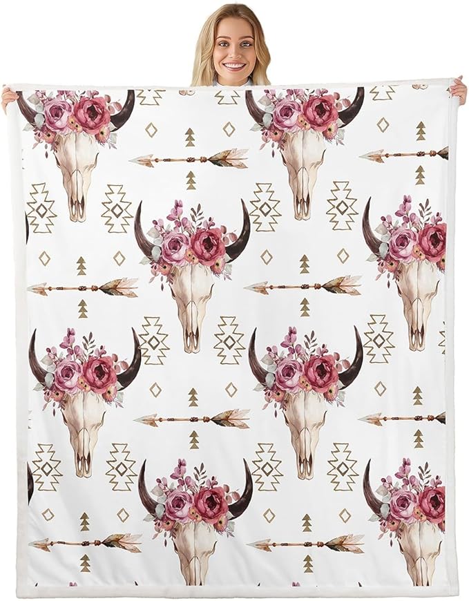 Manfei Cow Skull Kids Throw Blanket,Western Cowboy Aztec Flowers Romantic Bed Blanket for Girls Boys Adults,Arrows Boho Tribal Fleece Blanket,Rustic Retro Fuzzy Blanket,40 x 50 Inches