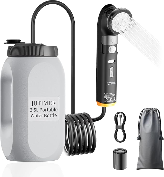 Portable Bidet & Shower for Travel, JUTIMER 2.5L&1600mAh Rechargeable Camping Shower, 2 Showerheads Bidet Sprayer, 2 Modes Waterproof Handheld Bidet, Outdoor Shower Kit for Hiking, Travel
