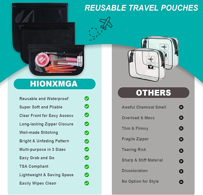HIONXMGA TSA Approved Toiletry Bag, Set of 3 Clear Travel Toiletry Bag Quart Size Zipper Travel Pouch, Waterproof Makeup Cosmetic Bag for Women Men Kids Toiletries Carry on, Black