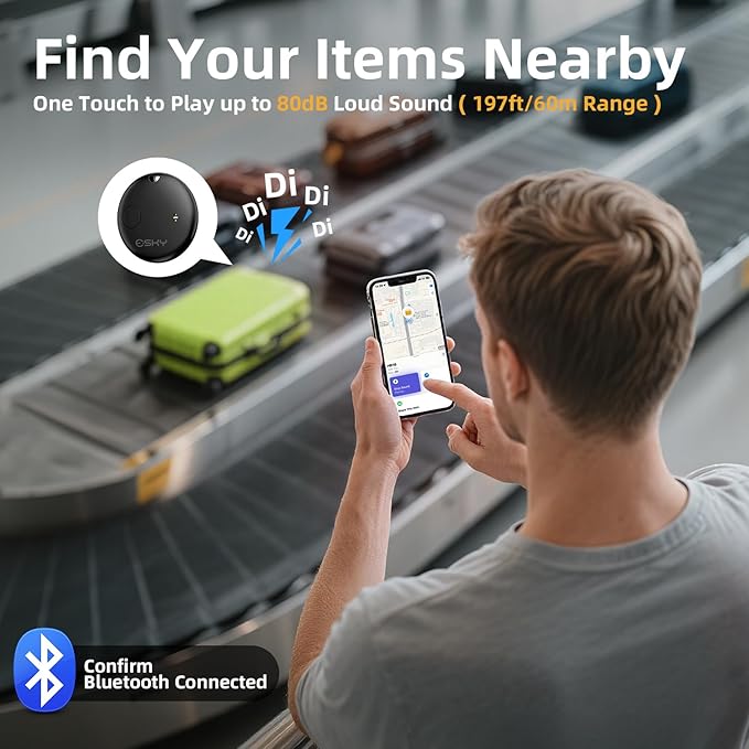 Esky Air Tracker Tags-4 Pack, Bluetooth Smart Luggage Tracker Works with Apple Find My APP (iOS Only, Not for Android), Key Finder and Item Locator for Luggage, Backpack, Suitcases, Wallet