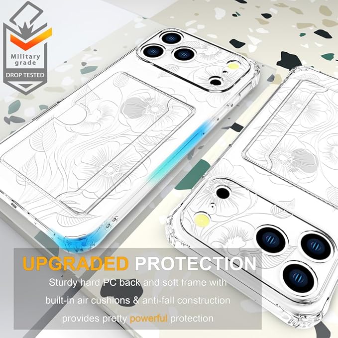 Compatible with iPhone 17 Pro Case Card Holder for Women Cute Design,Wallet Phone Cases Transparent Cool Kawaii Protective (Clear Seamless Abstract Flower)