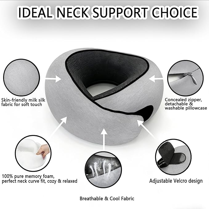 Travel Neck Pillow- 360° Ergonomic Memory Foam Travel Neck Pillow Airplane,Premium Breathable Relief Neck Pain for Long Flights,Car & Office (Gray)