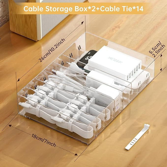 FRETONBA 2Pcs Cable Charger Organizer Box, Large Cords Storage Organizer with Adjustable Compartments and Wire Ties, Stackable Cord Organizer for Drawer - Clear
