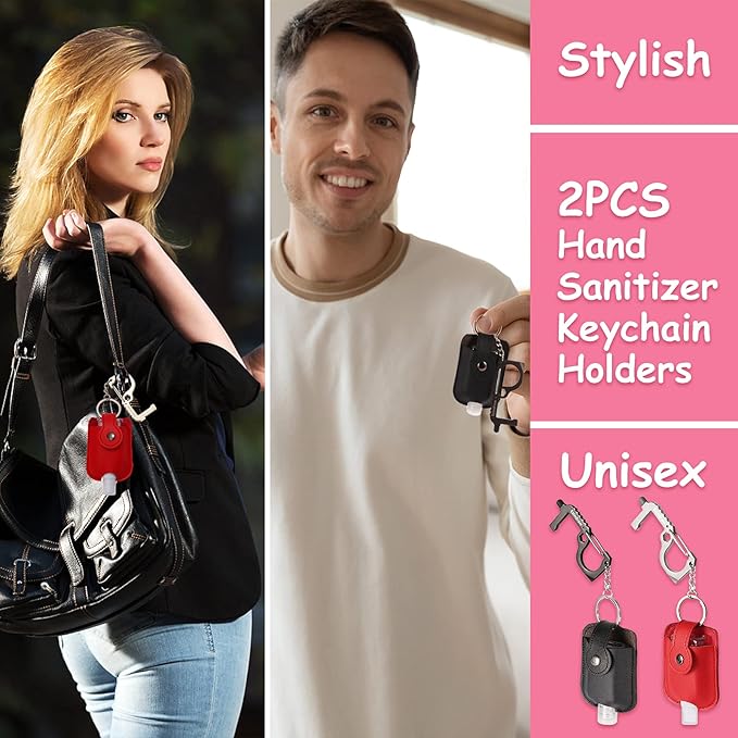 2 PCS Hand Sanitizer Keychains, Premium Leather Hand Sanitizer Holders, Travel Size Cases, Spray or Squeeze, Refillable, Red, Black, Empty