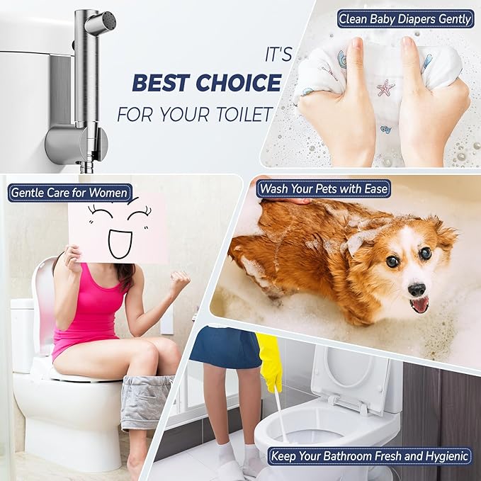 BIGCOW Stainless Steel Handheld Bidet Sprayer for Toilet, Stepless Water Pressure Control, Gentle Toilet Jet Spray with Leak-Proof Bidet Hose, Ideal for Feminine Hygiene, Cloth Diaper, Pet Cleaning