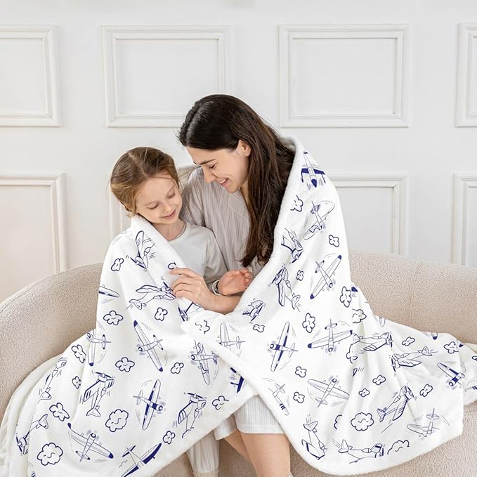 Airplane Kids Throw Blanket,Cartoon Aircraft American Plane Bed Blanket for Girls Boys Adults,Cute Cloud Airplane Fleece Blanket,Blue White Fuzzy Blanket,40 x 50 Inches