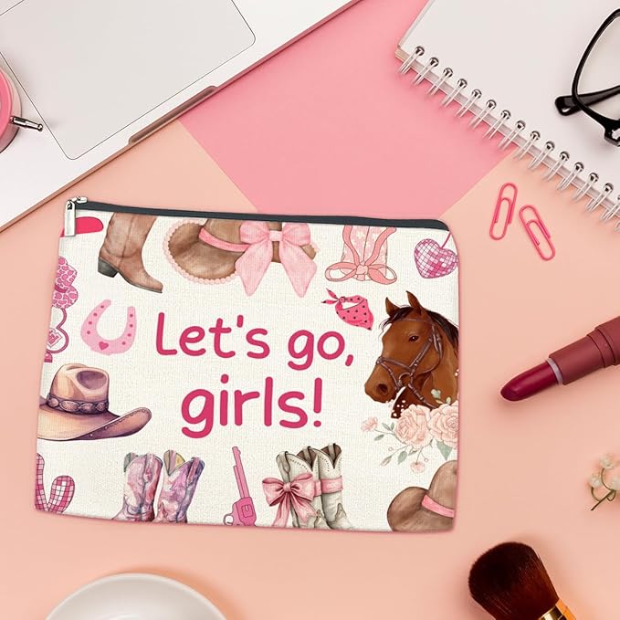 LyoGao Western Cowgirl Pink Makeup Bag, Nashville Cosmetic Bag for Country Girl Friend Daughter Sister, Let's Go Girls
