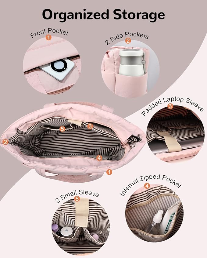 Expandable Puffer Tote Bag with Zipper for Women, Lightweight 15.6 Inch Laptop Work Tote Bag, Large Travel Tote Bags | Luggage strap, Lightweight, For 15.6 inch Laptop, Expandable, Multi-Compartments