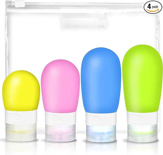 TSA Approved Travel Bottles-4 Pack Leak-Proof BPA-Free Silicone Squeezable Toiletry Containers for Shampoo Conditioner and Lotion for Men and Women