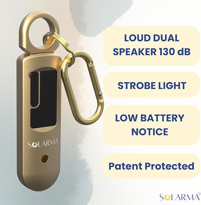 Solarma by HerTime2 | Solar Powered Personal Alarm for Women | Extra Loud Dual Siren + LED | Solar + USB-C Rechargeable | Ideal Gift for College Travel Running Realtors | Self Defense Safety Alarm