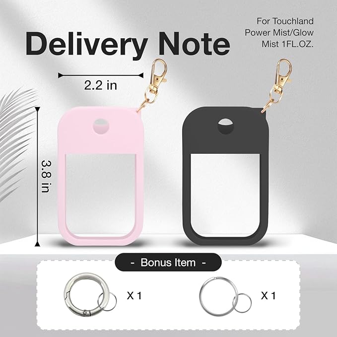 2 PCS Soft Silicone Case for Touchland Power Mist (1FL. OZ./30 mL), Protective and Stylish Case with Keychain Compatible with Touchland Hand Sanitizer Spray (Pink/Black)