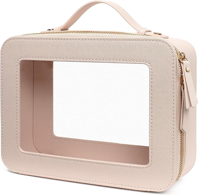LETGO Clear Makeup Bags - TSA Approved Toiletry Bags with Zipper, Makeup Organizer for Carry-on Travel Essentials, Cosmetic Bags for Women & Men (Large Beige)