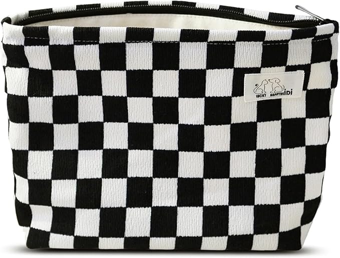 HAPPYHEIDI Women Checkered Corduroy Makeup Bag Cosmetic Pouch Purse Organiser, Canvas Lining, Cute Black White