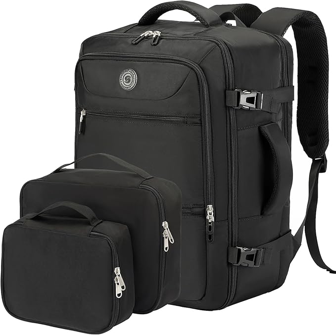 SHRRADOO Travel Backpack for Women & Men,Airline Approved Carry On Luggage,TSA Overnight Bags,40L Personal Item Travel Bag fits 17" Laptop,Carry on Bag with Underwear Bag Cosmetic Bag Set 3pcs (Black)