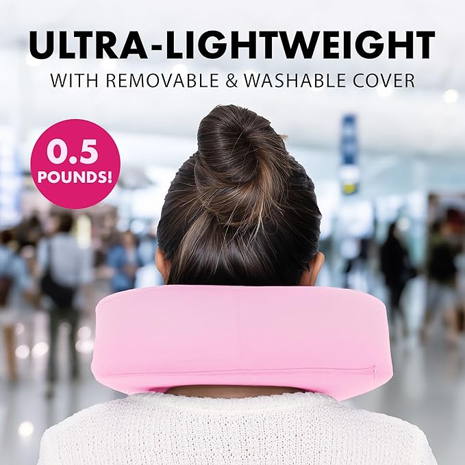 Travel Neck Pillow – Ultra Lightweight & Comfortable Memory Foam with Zipper Storage for Airplane, Car & Home Travel Accessory for Head & Neck with Cooling, Breathable & Washable Fabric – Pink
