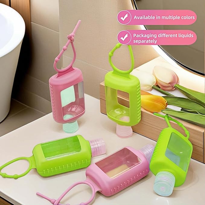 Chinshwehaw 4 Pack Leak Proof Travel Bottles 60ml(2oz) with Silicone Sleeves & Keychain | Refillable Squeeze Containers for Toiletries, Hand Sanitizer | BPA Free PETG (Red, White, Black, Green)