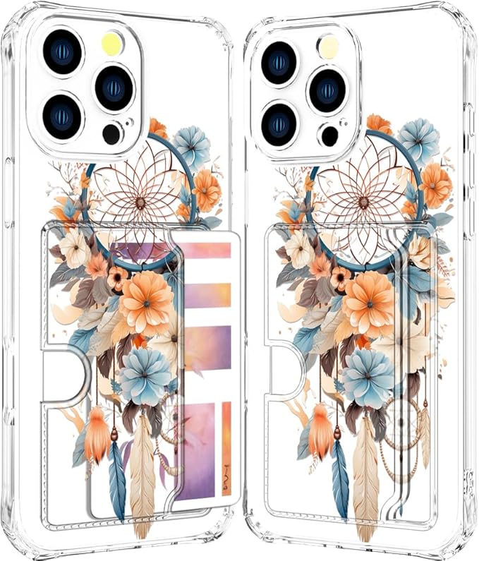 Compatible with iPhone 16 Pro Case Card Holder for Women Cute Design,Wallet Phone Cases Transparent Cool Kawaii Protective (Clear Dreamcatcher Dream Cather)