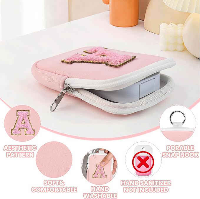 Shenier Alphabet Zippered Case with Keychain, Cute Design, Compatible with Touchland Power Mist Gentle/Glow Mist Hand Sanitizer Spray, Pink-A