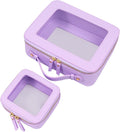 LETGO Clear Makeup Bag Organizer Set,Portable Travel Toiletry Case for Women, Vegan Leather Cosmetic Pouch Car Bag for Essentials(Mini+Large Purple)