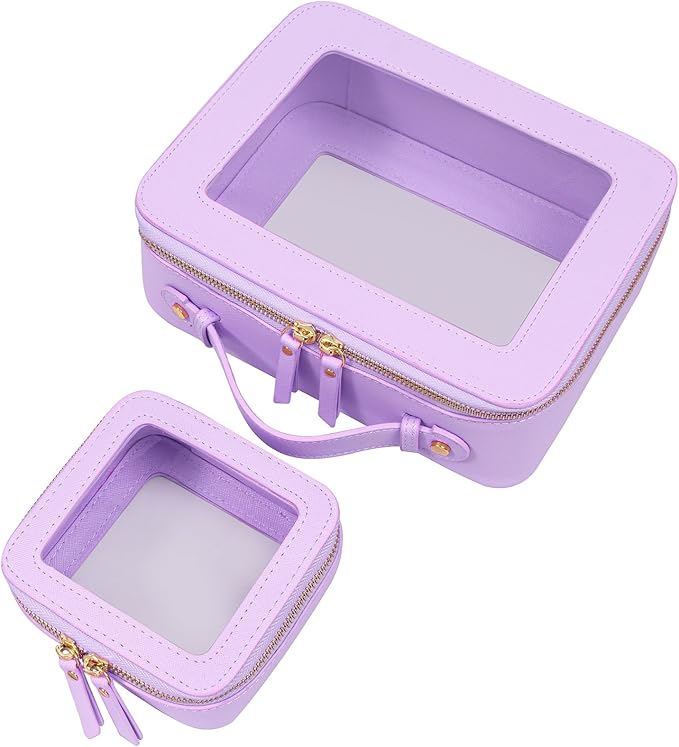 LETGO Clear Makeup Bag Organizer Set,Portable Travel Toiletry Case for Women, Vegan Leather Cosmetic Pouch Car Bag for Essentials(Mini+Large Purple)