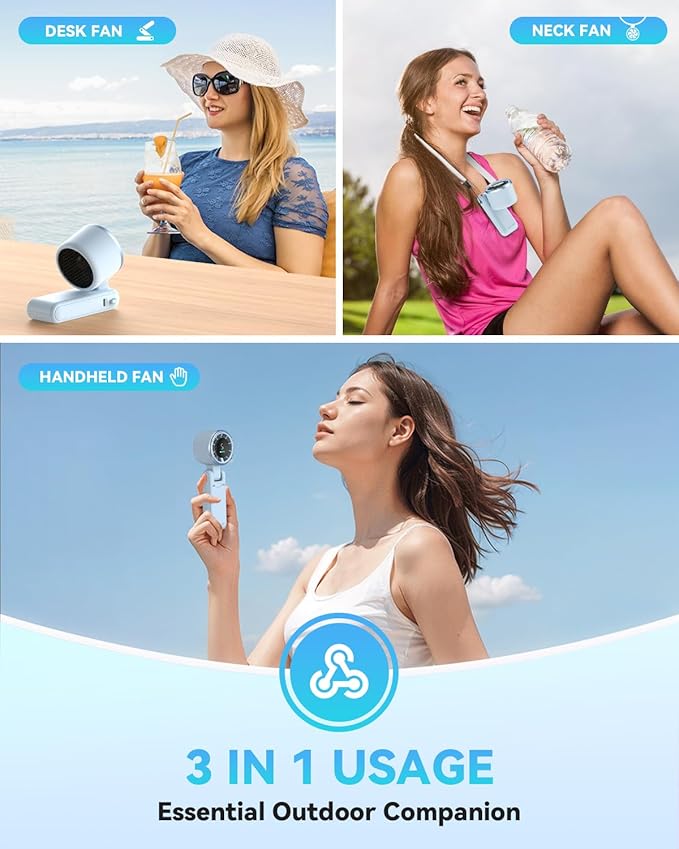 PlayHot Portable Handheld Turbo Fan, 5-Speed Personal Fans, 5000mAh Rechargeable Fans Up to 12 Hours, Weight only 0.6lb Small Fan, Hand/Neck/Desk Fan 3 IN 1, Beach Vacation Essentials(Blue)