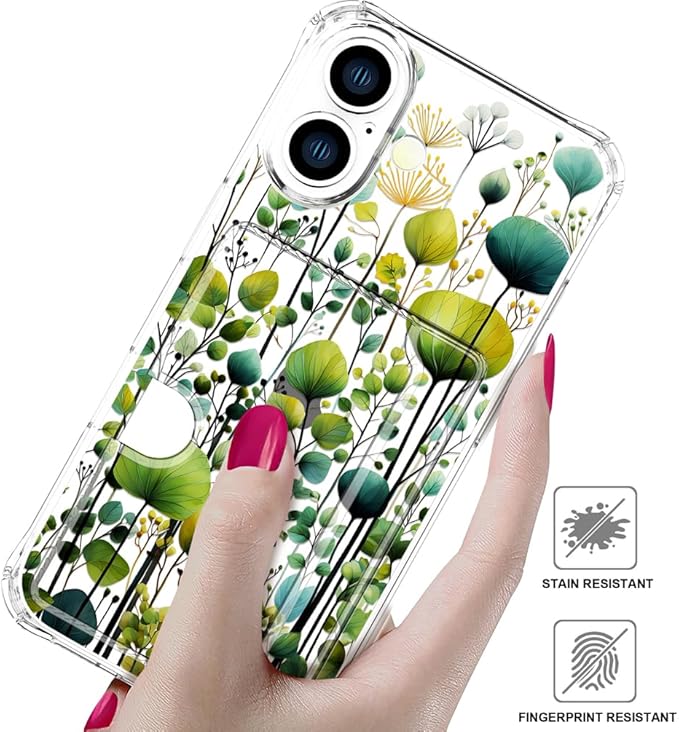 Compatible with iPhone 17 Case Card Holder for Women Cute Design,Wallet Phone Cases Transparent Cool Kawaii Protective (Clear Green Flower Leaves Buds)