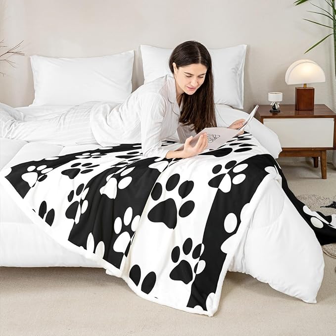 Dog Paws Print Kids Throw Blanket,Cute Animals Pets Dog Paws Bed Blanket for Girls Boys Adults,Geometric Waves Patchwork Fleece Blanket,Black White Fuzzy Blanket,Baby Size (30 x 39 Inches)