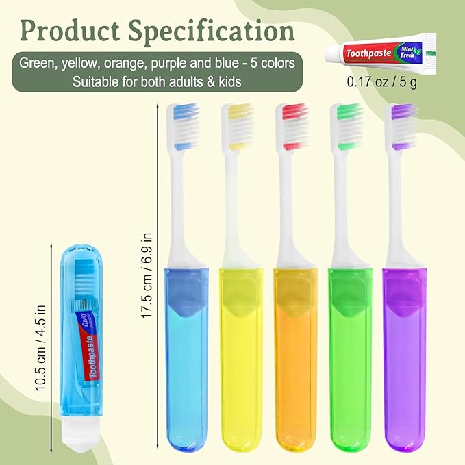 Travel Toothbrush, Toothbrush and Toothpaste Travel Set, Individually Packaged, Includes Storage Case, Foldable Design, 5 Colors, Ideal for Business Trips, and Hotels (50-Pack)