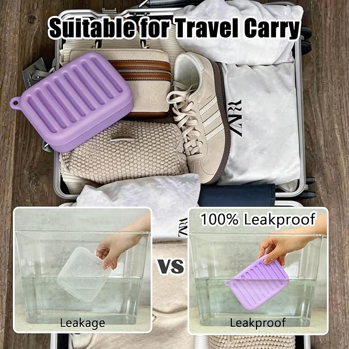 Silicone Leak-Proof Travel Soap Case, Portable Soap Container with Removable Draining Pad, Shatter-Proof Soap Holder for Travel, Gym, Camping, Bathroom(Light Purple)