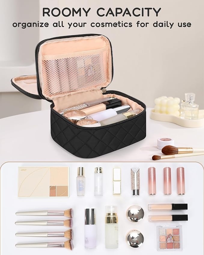 Relavel Small Makeup Bag, Travel Cosmetic Bag with Makeup Brush Compartment, Cute Make Up Pouch for Women, Double Layer Toiletry Organizer for Short Trip, Office - Black