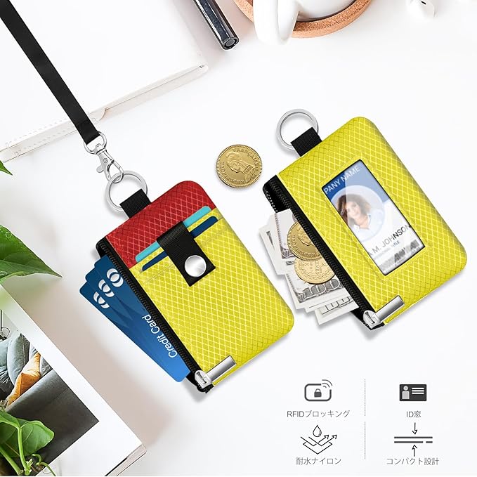 Minimalist RFID Blocking Small Wallet with ID Window,WaterResistant Zip Id Case Wallet with Lanyard Keychain for Cards,Cash,Travel,Women,Men (Lemon Yellow/Red)