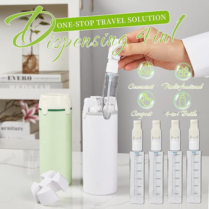 4 in 1 Travel Dispenser,Travel Bottles for Toiletries,Travel Dispenser Bottle,Refillable,Suitable for Storing Shampoo, Shower Gel,Suitable for Vacation Camping and Gym. (Green)