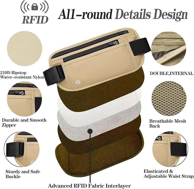 Khaki Hidden Money Belt for Travel for Men, Waist Wallet Anti Theft, RFID Passport Holder For Travel Men Or Women, Money Pouch, RFID Passport Holder