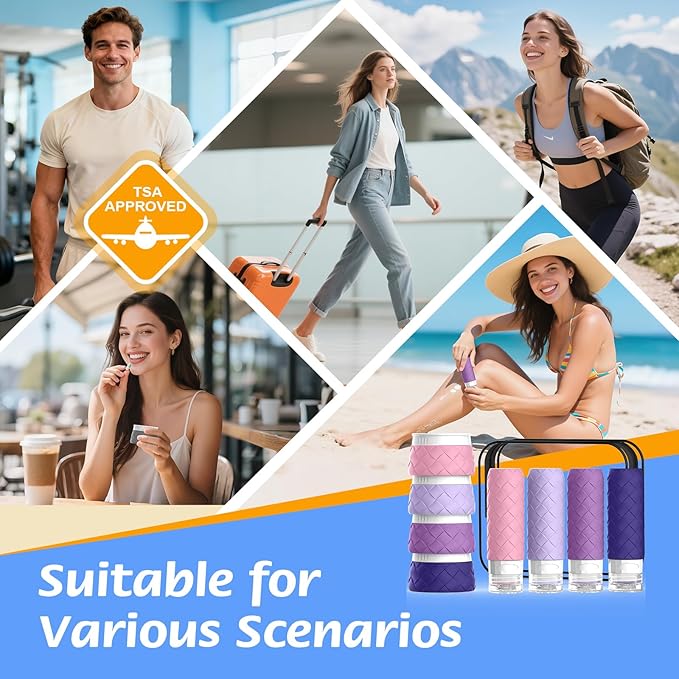 16 Pack Travel Bottles for Toiletries, TSA Approved Travel Size Toiletries Containers Set, BPA-Free Silicone Leak Proof Refillable Bottles Stackable Creams Jars Accessories Kit W/Clear Bag(Purple)