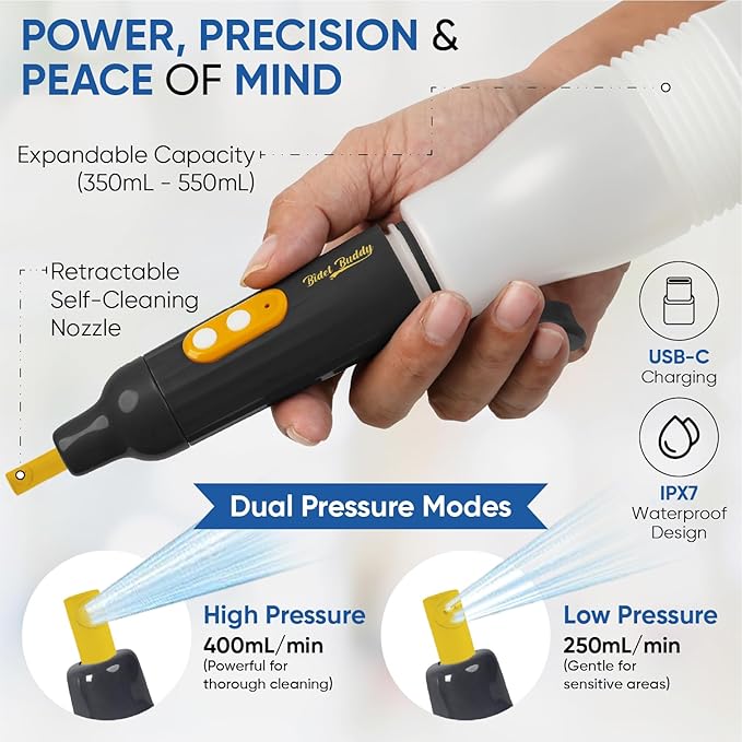 BIDET BUDDY® PureJet Portable Bidet for Travel & Camping | Rechargeable Electric Travel Bidet | Waterproof Compact USB-C Personal Hygiene Bidet with High Pressure Spray Design - Obsidian Drift