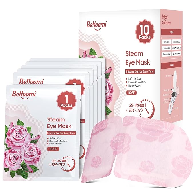 BeHoomi Steam Eye Mask, 10Packs Heated Eye Mask, Self Heating Disposable SPA Warm Compress for Eyes Sleep Mask, Travel Essentials & Relaxation Gifts for Women, Mothers Day Gifts (Rose Scent)