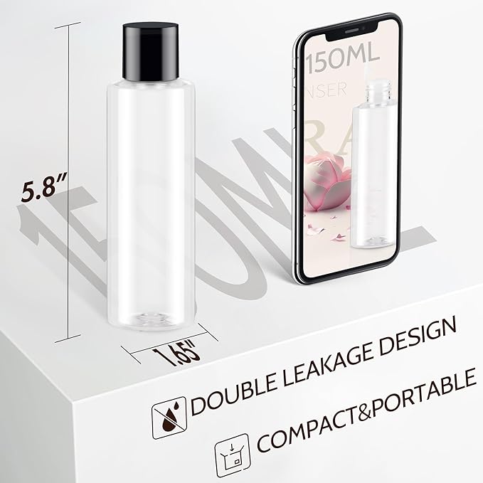 ZEJIA Clear 150ML/5OZ Travel Size Toiletries, 6 Pack Plastic Travel Bottles, Double Leak Proof Travel Size Containers for Shampoo, Lotion, Body Wash, Refillable Empty Travel Bottles with 6pcs Labels
