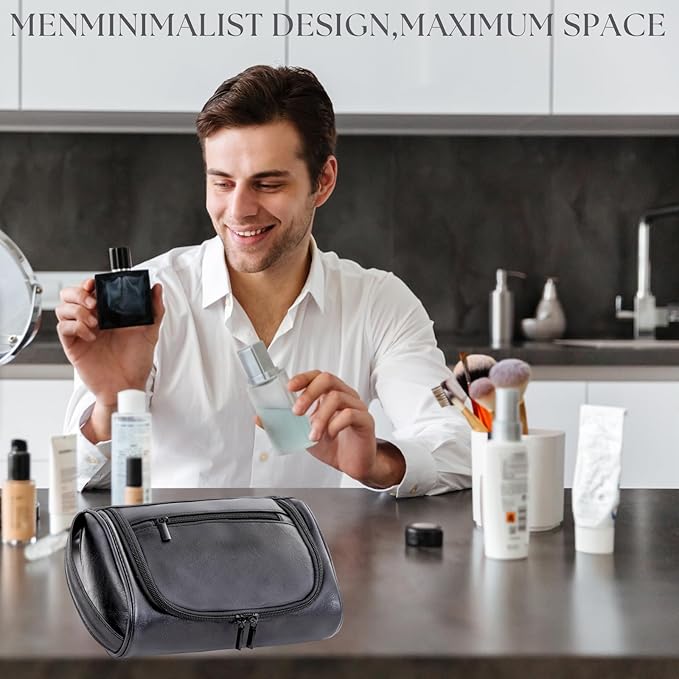 Mens Toiletry Bag, Compact Dopp Kit for Men Travel, PU Leather Shaving Kit, Water-Resistant Minimalist Organizer with Wrist Strap, Travel Toiletry Bag, Gift for Men,Small 9X5.9X3 Inch Black