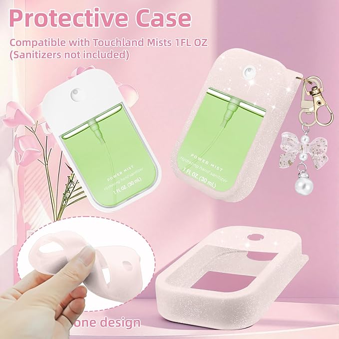 Silicone Case Compatible with Touchland Hand Sanitizer Spray Mist 1 oz with Bow Keychain