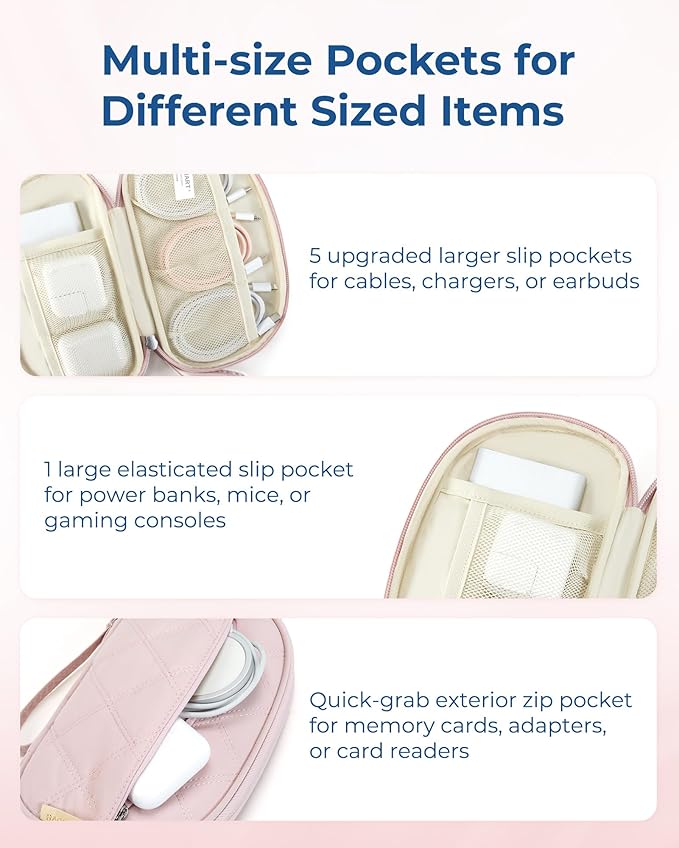 BAGSMART Cord Organizer Travel Cable Bag, Compact Tech Electronic Organizer Travel Case, Essentials for Charger, Cable, Phone, Flash drive - Pink