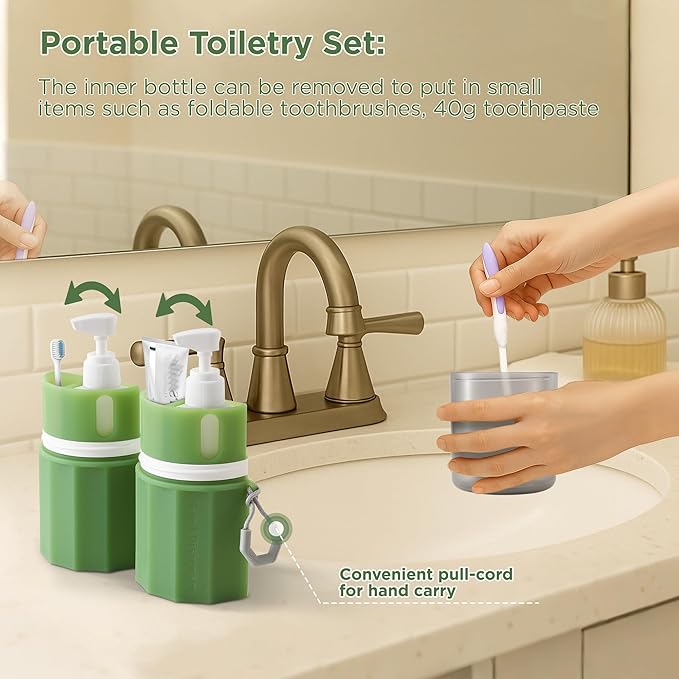 SESENSE 4-in-1 Travel Bottles for Toiletries, TSA Approved Travel Size Toiletries, Leak Proof Refillable Travel Size Shampoo and Conditioner Sets with Wall-Mountable Suction Cup, Green