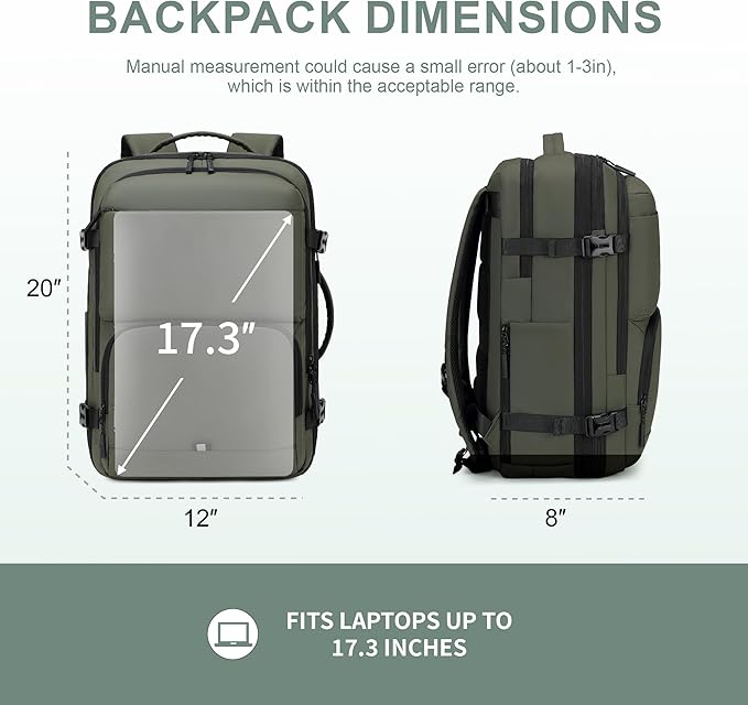 BAGOK Carry On Travel Backpack, 35L-40L Expandable Extra Large Airline Approved,Lightweight Daypack for Men and Women（Green）