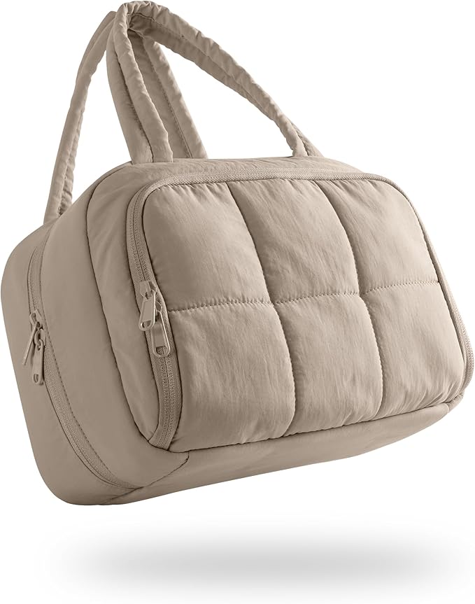 Marscamd Travel Makeup Bag for Women, Puffy Cosmetics & Toiletry Organizer with Leakproof Pockets for Travel-Size Shampoo, Conditioner, Brushes & Essentials - Medium Size, Khaki (Bag Only)