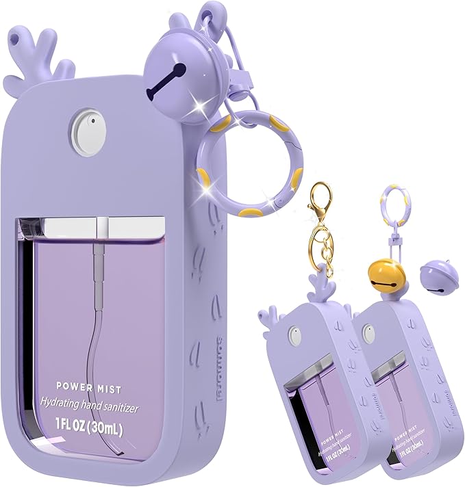 Sonnorel 1 Pack Elk Silicone Case Compatible with Touchland Hand Sanitizer Spray (Fit for 1 FL OZ/30 mL Ver), Portable keychain, Small Bell, Cute Deer Antlers (Purple)